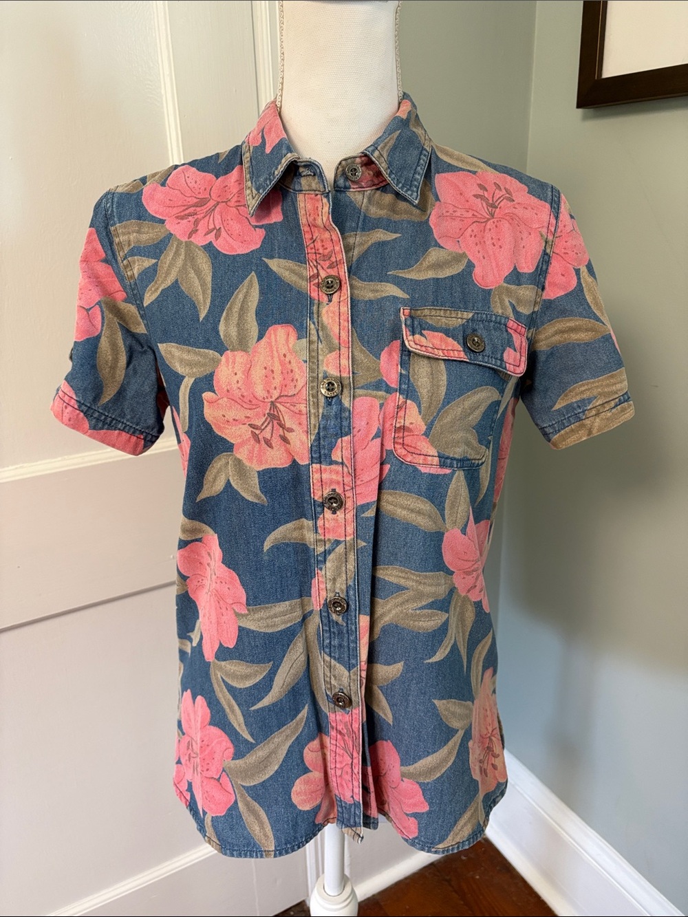 Vintage Sag Harbor Blue Floral Cotton Short-Sleeve Shirt Denim Petite XS